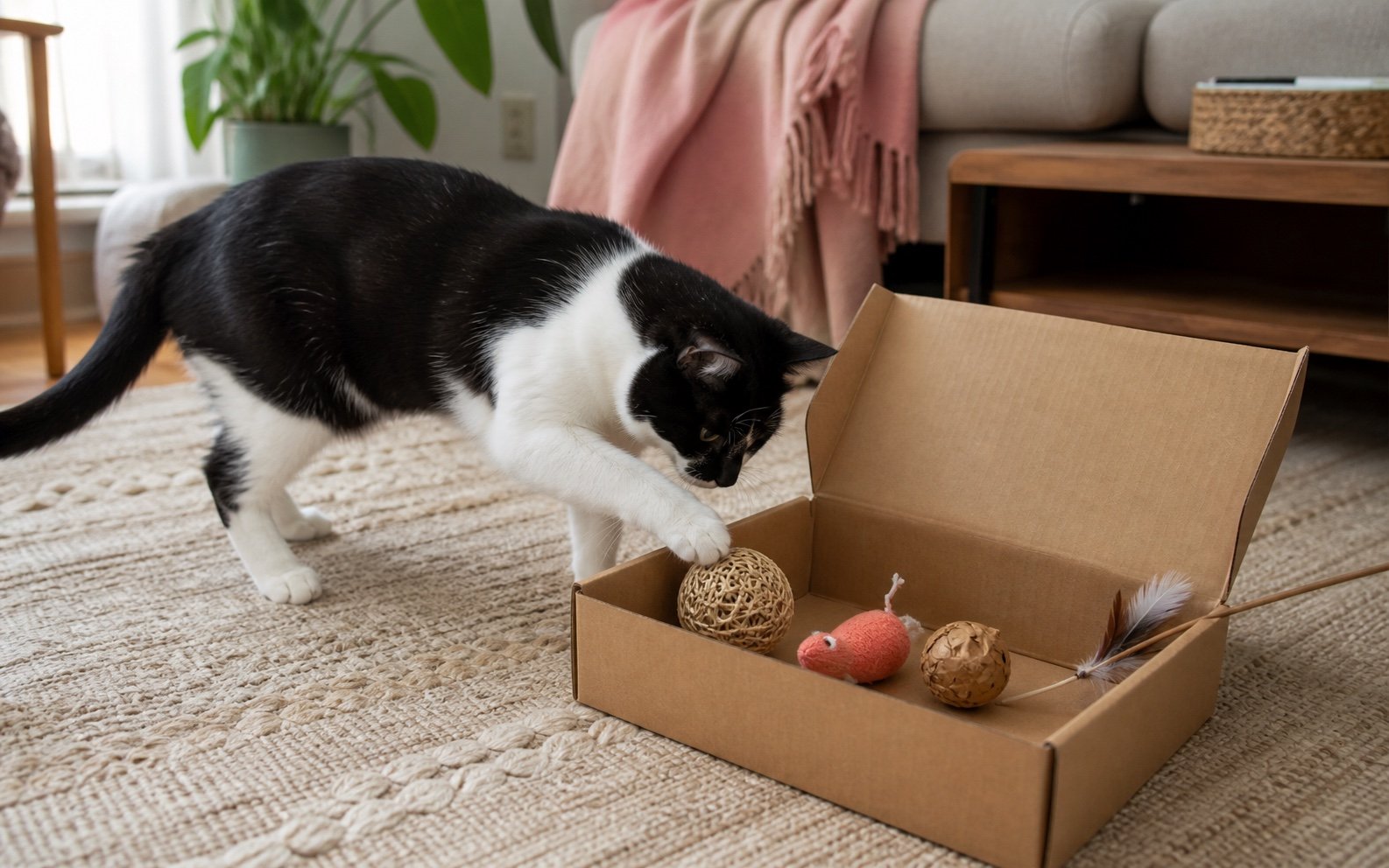 A black-and-white cat naturally exploring a newly opened box with a few simple enrichment toys at home.