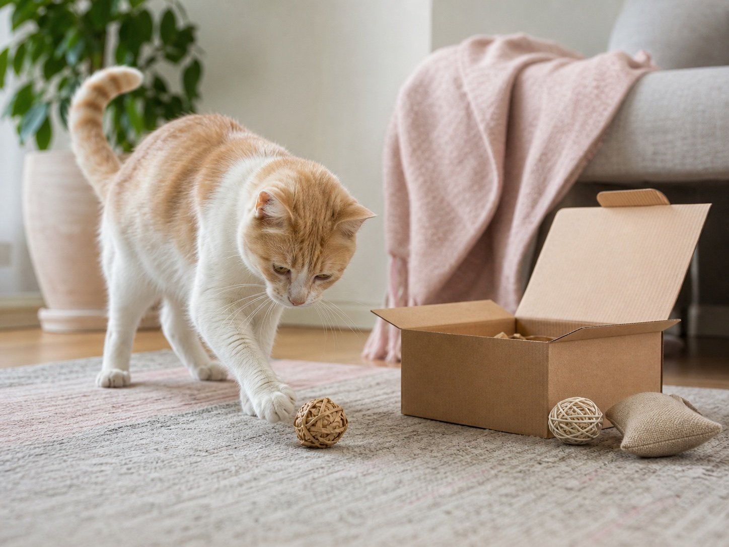 A cream and ginger cat gently reaching for a natural fibre ball beside an open enrichment box.
