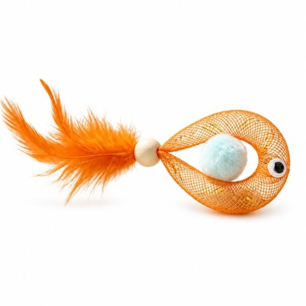 bz-elastic-mesh-fish-orange-main Orange elastic mesh fish cat toy with blue fuzzy ball, feather tail and bell