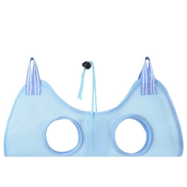 Blue mesh cat grooming restraint hammock, front view