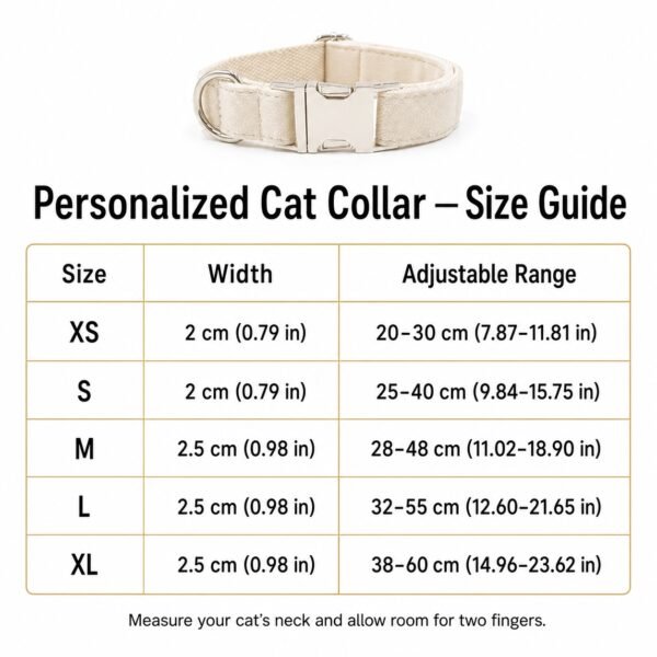 Personalized velvet cat collar in size guide