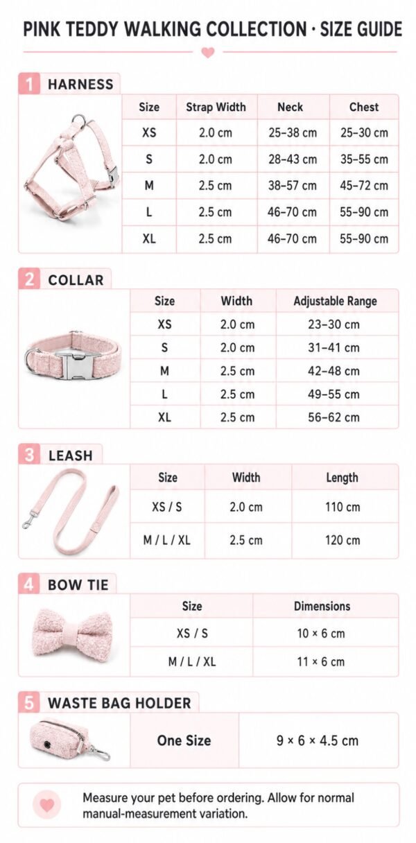 Pink Teddy pet walking collection size guide